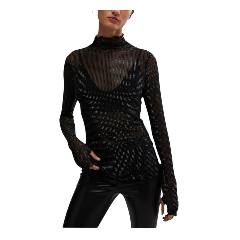 FREE PEOPLE Black Dance All Night Sheer Rhinestone Top size XL